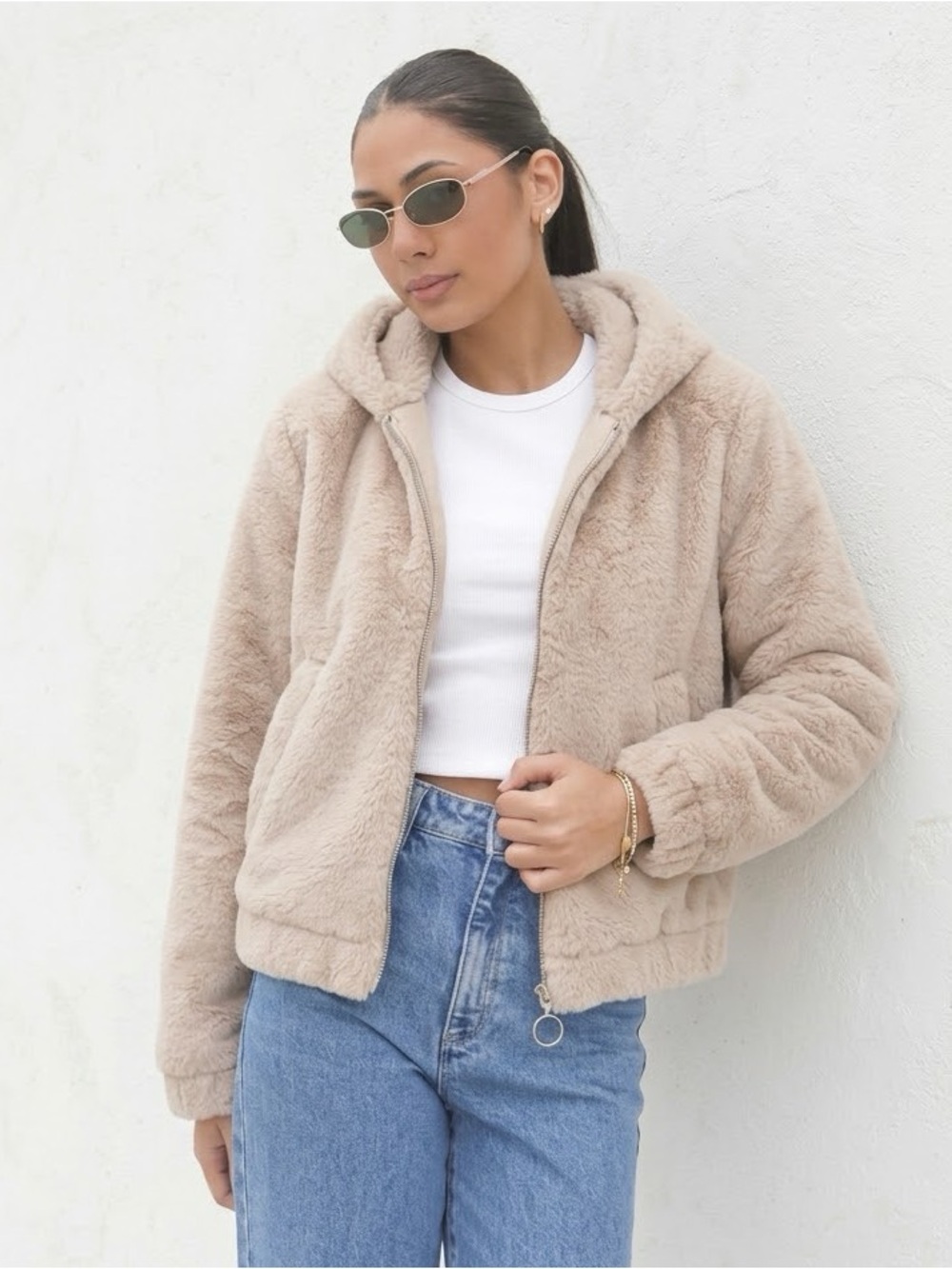H&M Tan Hooded Faux Fur Teddy Jacket Bomber Size XS Cozy Quiet Luxury Fall Chic